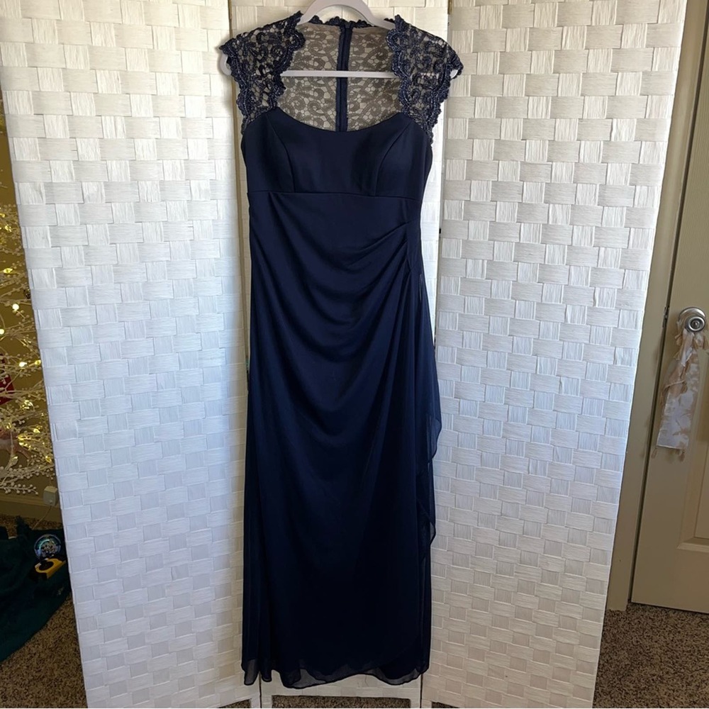 Xscape Navy Blue Lace Cap Sleeve Maxi Dress